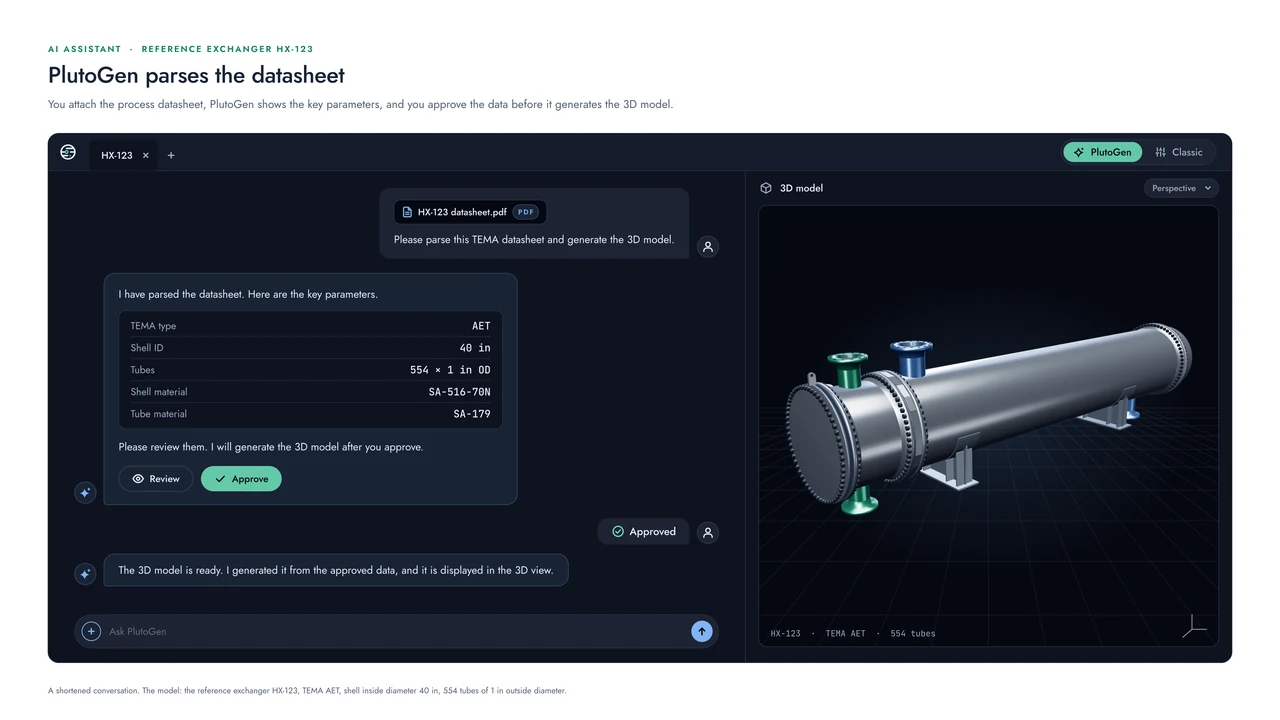 A PlutoGen conversation beside the 3D model: the datasheet attached, the key parameters summarized (TEMA type AET, shell inside diameter 40 in, 554 tubes of 1 in outside diameter, SA-516-70N, SA-179), the review and approve step, and the model built.