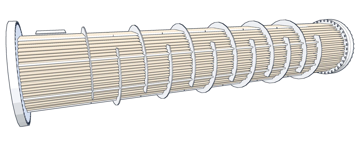 Line drawing of the tube bundle of the reference exchanger on its own: the stationary tubesheet at the left, the tubes held by the baffles, and the floating head at the right.