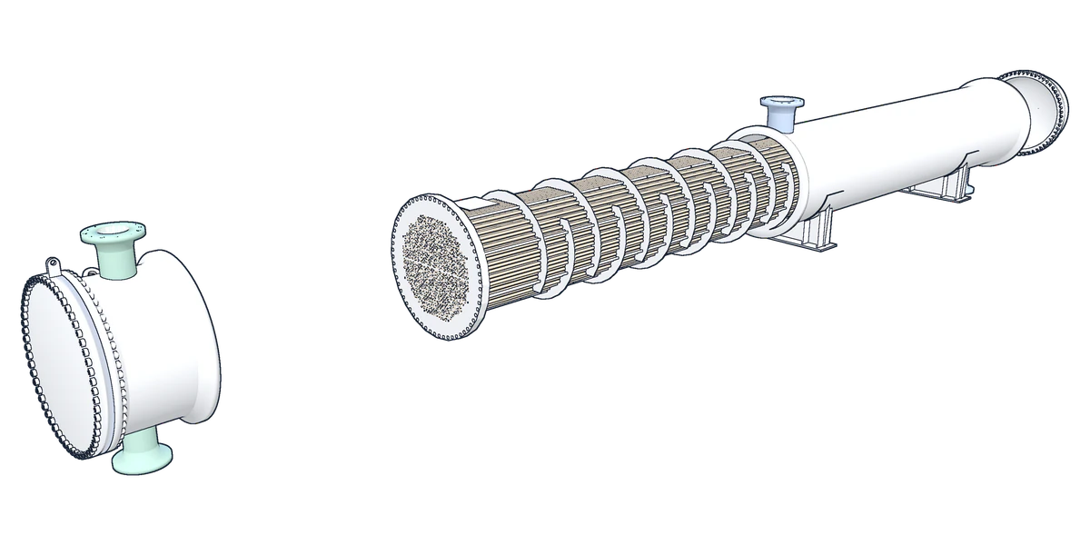 The reference exchanger with its front end taken off and the tube bundle drawn out of the shell toward the front, floating head first, as a line drawing.