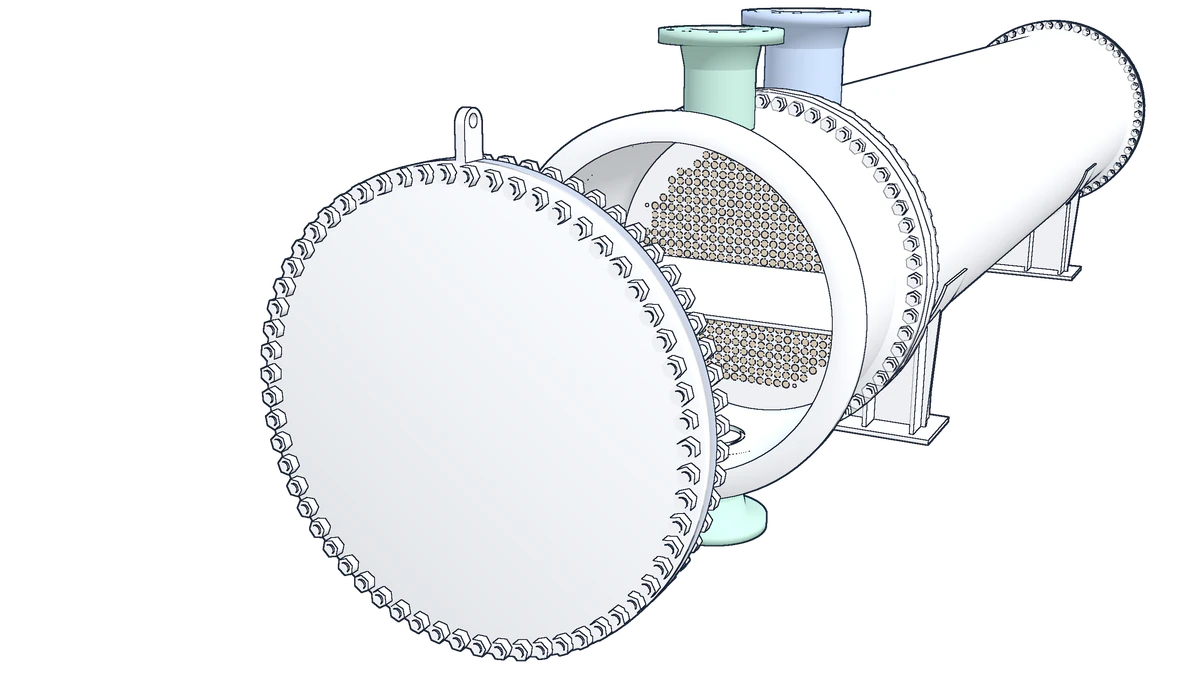 Line drawing of the front end of the reference exchanger with the channel cover drawn off: inside the channel, the pass partition plate and the tube ends in the stationary tubesheet.