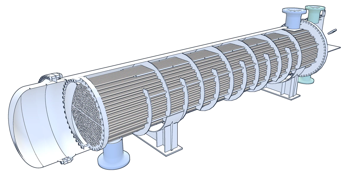 Line drawing of the reference exchanger cut open from the rear end, showing the shell cover, the floating head, the tubes, and the baffles inside the shell.