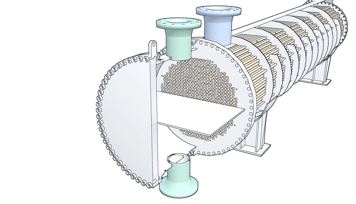 A close-up of the front end of the reference exchanger, cut open: the channel with its pass partition plate, the stationary tubesheet with its tube holes, the tubes and baffles behind it, and the bolted girth flanges, as a line drawing.