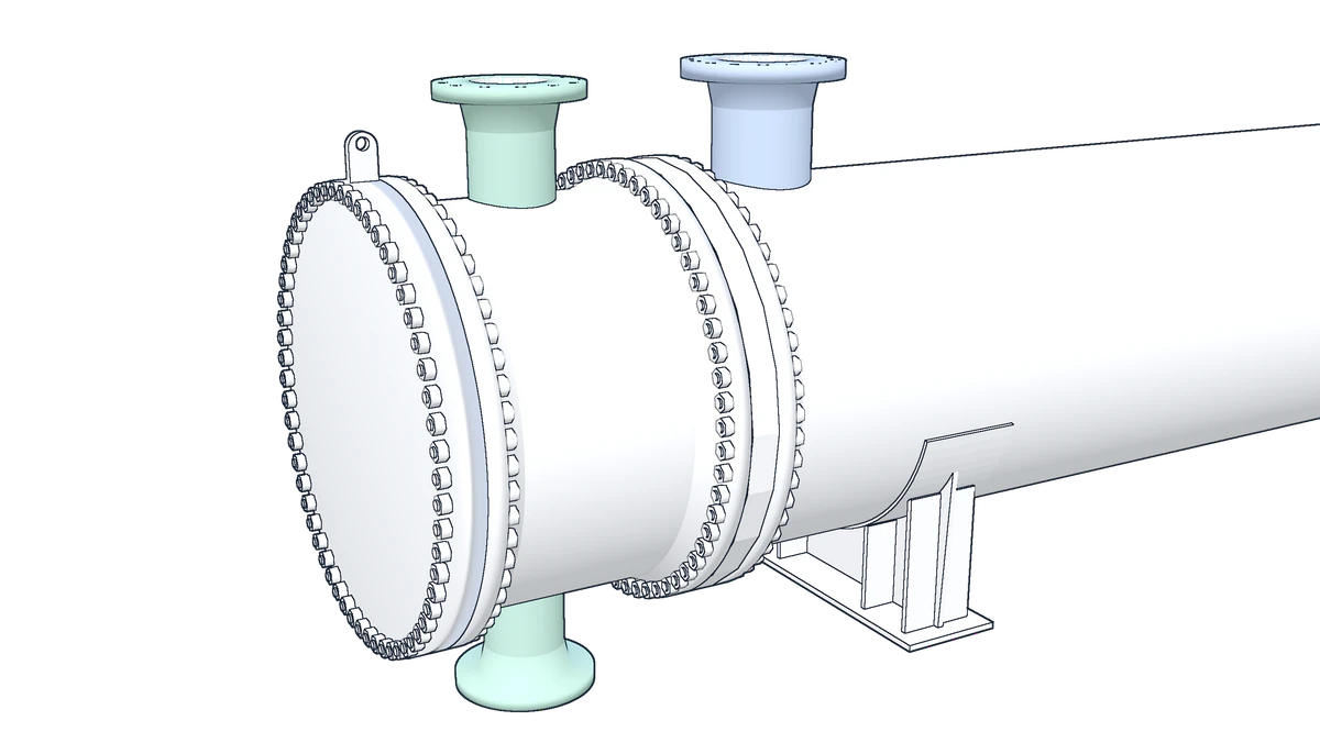 Line drawing of the front end of the reference exchanger: the channel between its bolted cover and the girth joint with the stationary tubesheet and the shell, each flange pair held by a ring of studs.