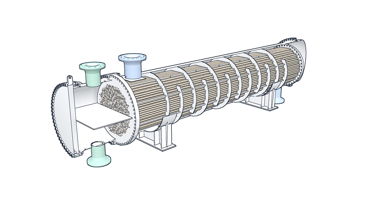 The reference exchanger cut along its axis: the pass partition in the channel, the tubesheet, the tubes, and the single segmental baffles inside the shell, as a line drawing.