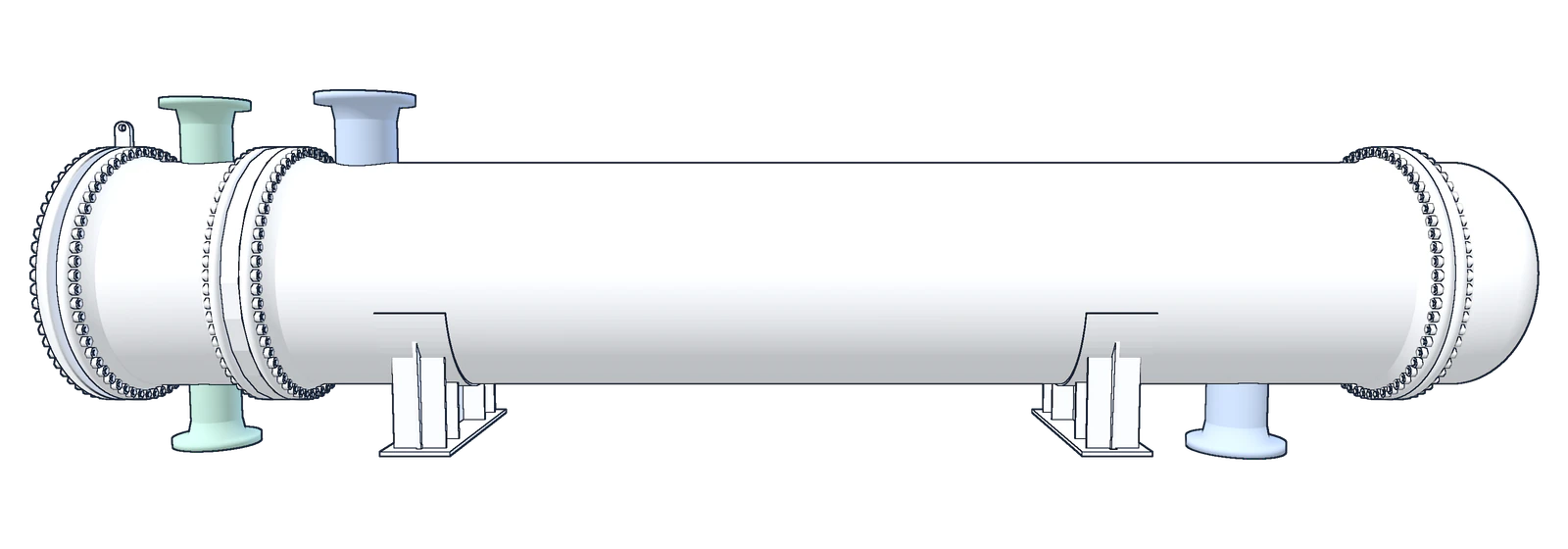 A side elevation of the reference exchanger with its three zones marked: A, the front end with the channel and its removable cover, on the left; E, the one pass shell, in the middle; and T, the rear end with the pull-through floating head inside the shell cover, on the right.