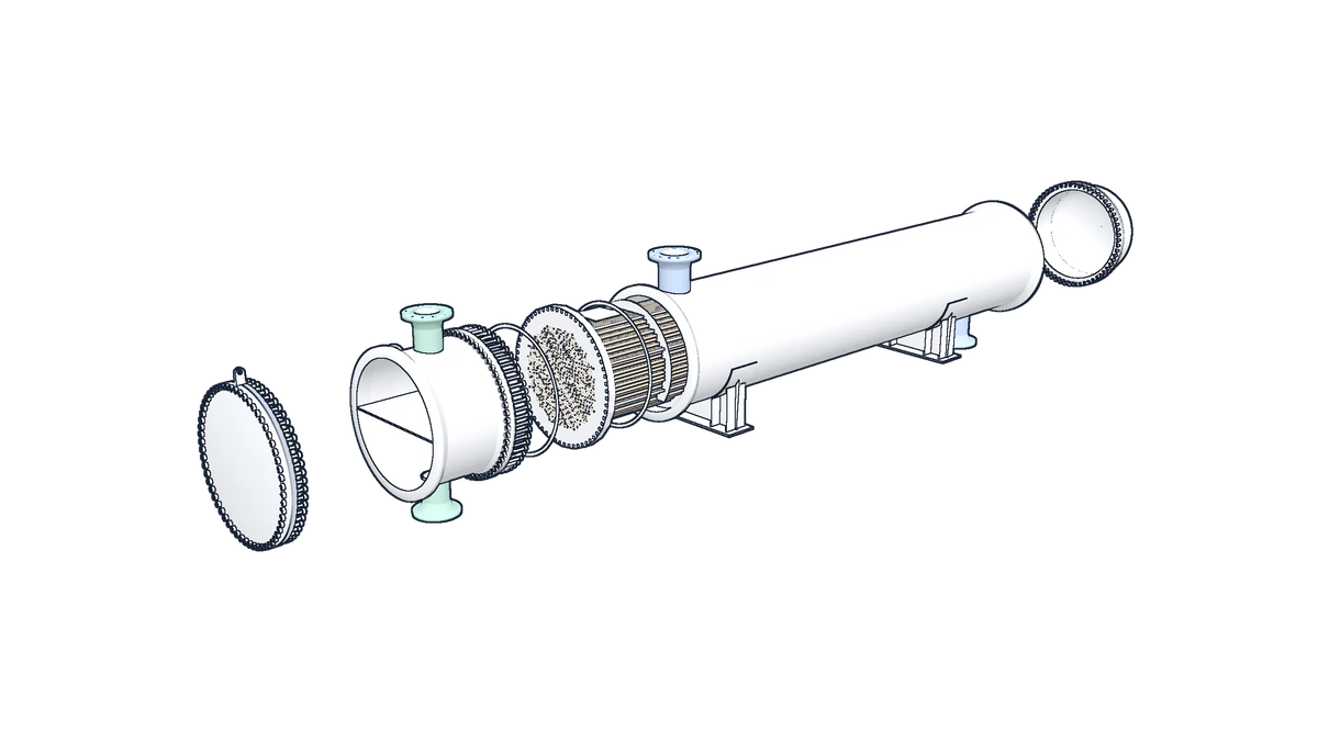 The reference exchanger exploded along its axis: channel cover, channel, gaskets, tube bundle, shell, and rear end, as a line drawing.