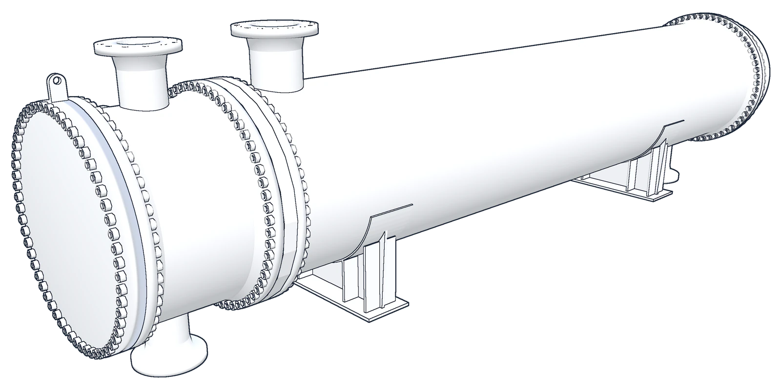 Line drawing of the PlutoHX reference exchanger, TEMA type AET: the channel with its removable cover on the left, the one-pass shell on two saddles, and the rear end with the pull-through floating head on the right.