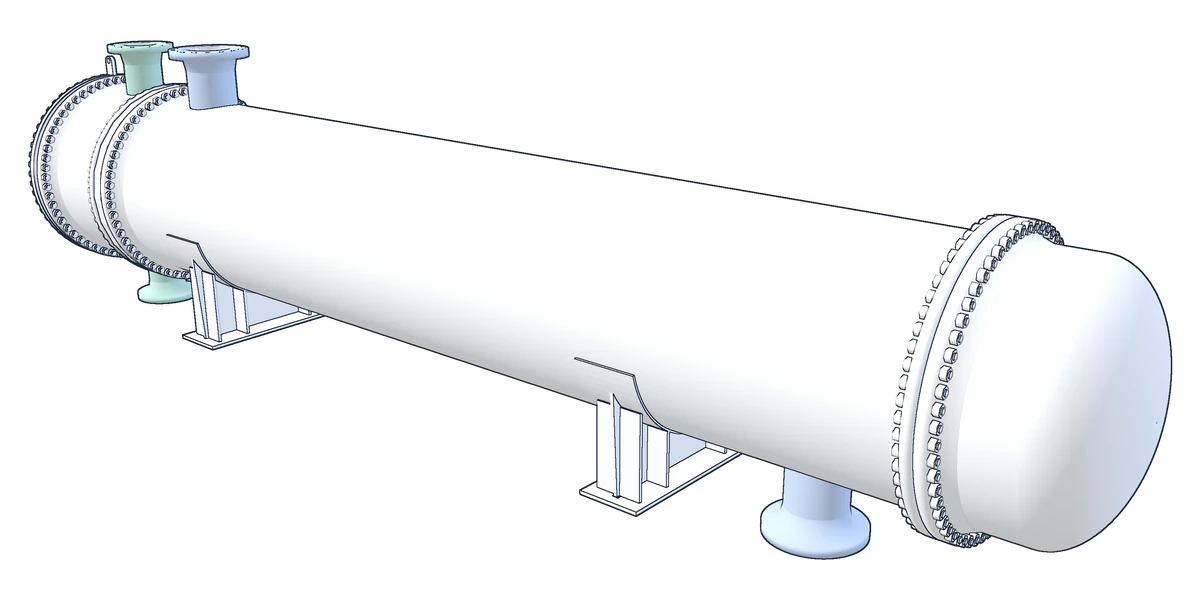 The reference exchanger seen from the rear end: the shell cover with its bolted flange, the shell on its two saddles, and the shell side outlet nozzle below, as a line drawing.