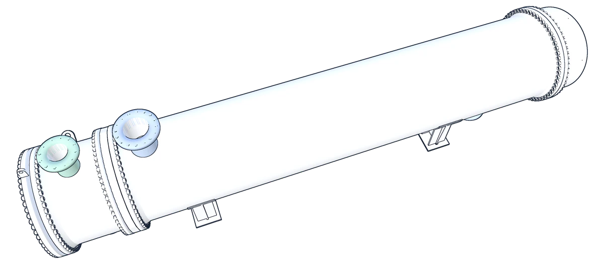 The reference exchanger seen from above: the channel with its nozzles, the long shell, and the shell cover, on two saddles, as a line drawing.