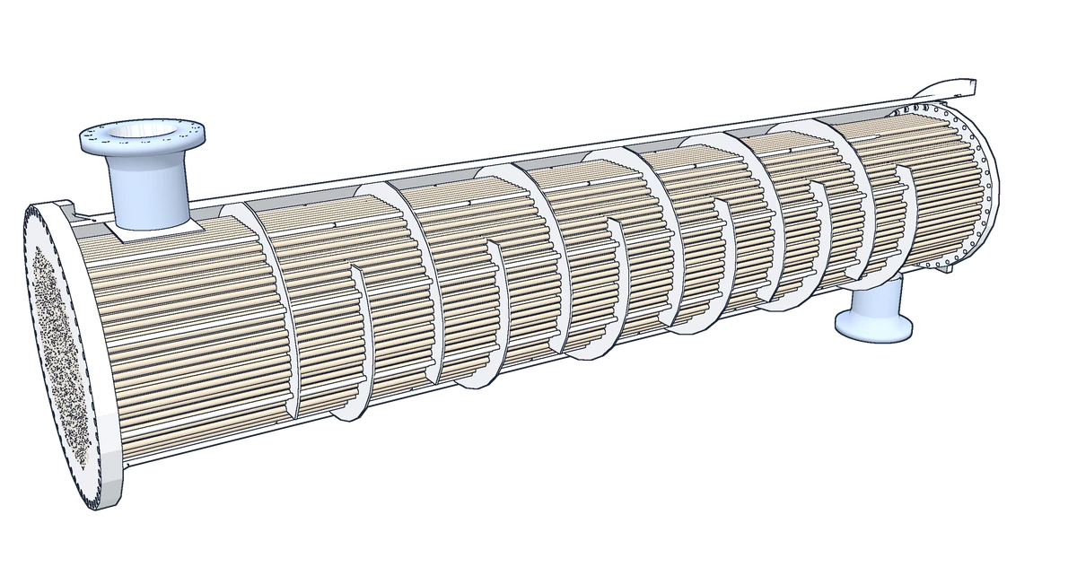 Line drawing of the shell of the reference exchanger cut open, with the tubes and baffles inside and the shell side nozzles on top and below.
