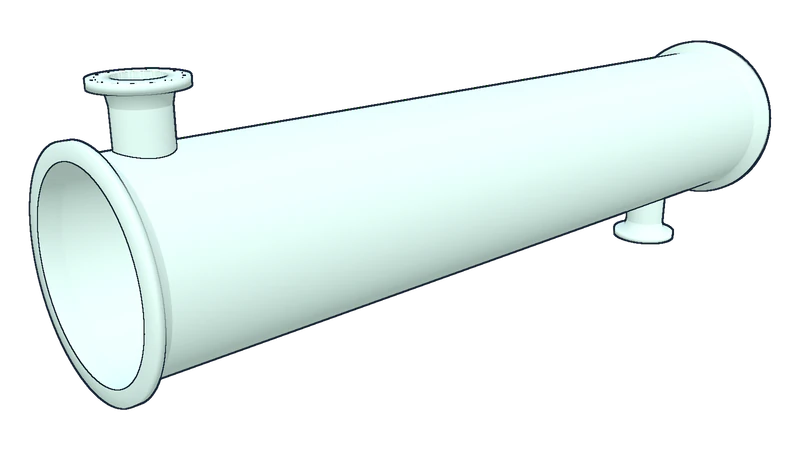 Stage 2, shell fabrication: line drawing of the reference exchanger at this stage, with the part being worked on shaded mint.