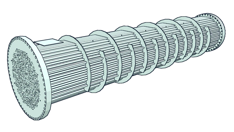 Stage 3, tube bundle assembly: line drawing of the reference exchanger at this stage, with the part being worked on shaded mint.