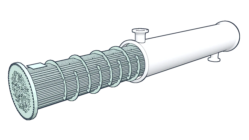 Stage 5, bundle insertion: line drawing of the reference exchanger at this stage, with the part being worked on shaded mint.