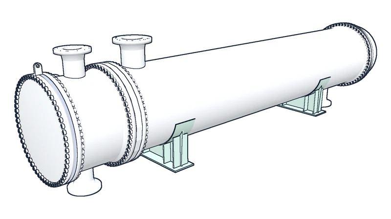 Stage 8, saddle mounting: line drawing of the reference exchanger at this stage, with the part being worked on shaded mint.